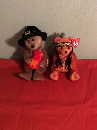 2 Ty Beanie Babies Bears Little Feathers And Plymouth Tags