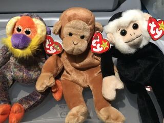 Ty Beanie Baby Monkey Group Of 3: Bananas 2000 Bongo 1995 & Mooch 1999 All Tags