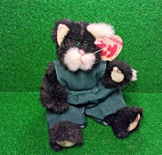 Ty Purrcy Black & White Cat W/ Blue Overalls Green Eyes Attic Treasures 1993