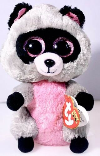 Ty Rocco - Grey/pink/black Raccoon 7” Beanie Boo Buddy Retired Rare