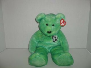 1999 Ty Beanie Buddies Green Kicks Soccer Teddy Bear Plush Beanie Baby 14 " Tall