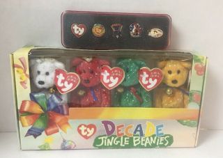 Ty Club Jingle Beanies Babies Set Of 4 Decade Bears White Red Green Gold,  Pin Set