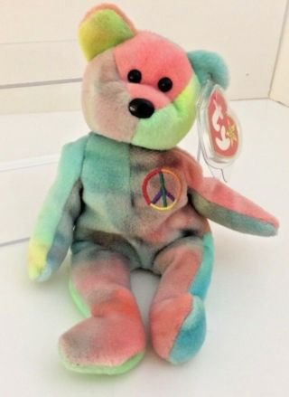 Ty Beanie Babies 1996 Peace Plush Bear Colorful Dob 2/1/96 Pvc Pellets