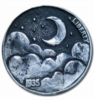 Hobo Nickel Coin 1936 Buffalo " Moon Cloud " Hand Engraved By Ellaxu
