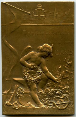 Belgium 1913 Ghent Universal Exhibition Bronze Plaquette Medal 80mm X 52mm 123gr