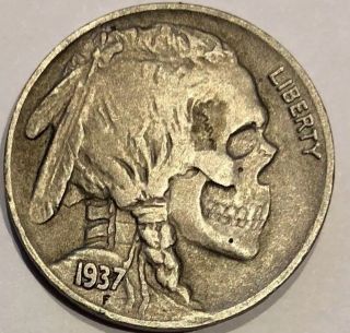 Indian Head Skull Engraved Hobo Nickel Coin By John Hughey
