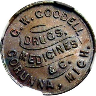 1863 Corunna Michigan Civil War Token G W Goodell R6 Druggist Ngc Ms63