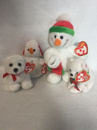 Ty Cottonball The Snowman Jingle Beanie Baby - And Three Others