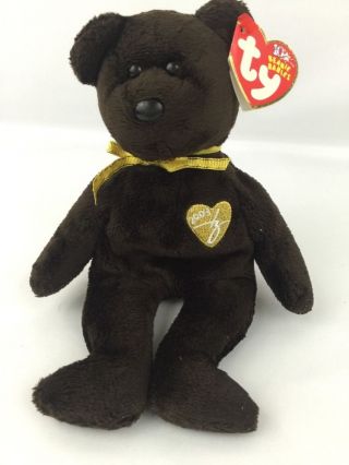 Ty Beanie Baby 2003 Signature Bear Retired With Tag Brown Bear Gold Ribbon