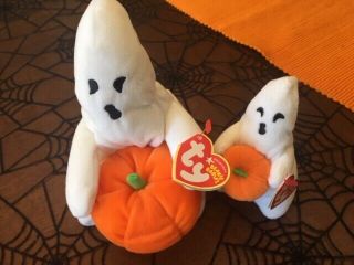 Ty Beanie Baby 2 Halloween Ghost Mwmt Ghoul And Halloweenie Ghoul