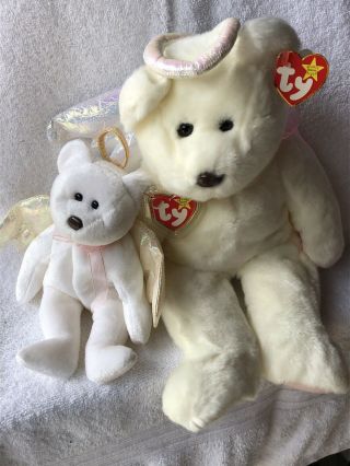 Rare Ty Beanie Baby Halo The Angel Bear 9 In And Buddy 15in—great Set Bb2
