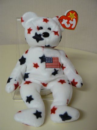 Ty Beanie Baby Glory Plush White Patriotic Bear With Red And Blue Stars
