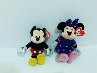 2 Ty Beanie Babies Sparkle Disney Mickey Minnie Mouse 9 " Plush Stuffed Toy W Tag