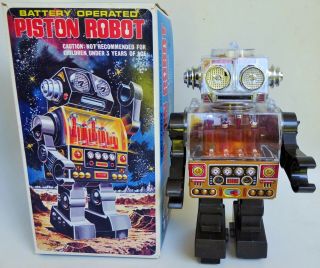 Horikawa Piston Robot Plastic Tin Lithographed Battery Operated Space Robot Toy
