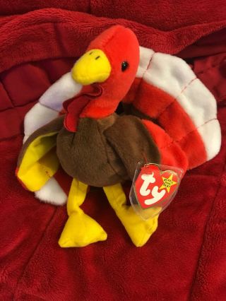 Vintage Ty Beanie Baby Gobbles The Turkey Bean Bag Toy - Retired 1996