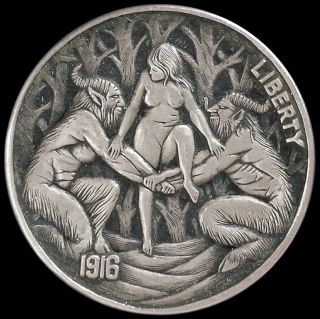Hobo Nickel Carving On 1916 Buffalo Coin - " Witch & Satyrs " By Roman Booteen