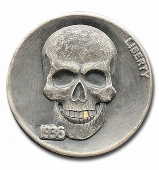 Hobo Nickel Coin 1936 Buffalo " Death Face " Hand Engraved By Gediminas Palsis