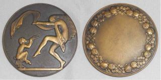 1920s French Art Deco Bronze Award Medal By Masccaux Satyr & Nude Dancing