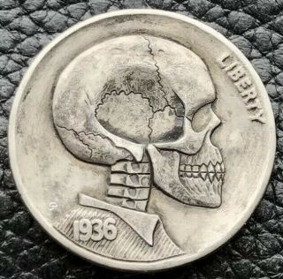 1936 Hobo Buffalo Nickel Hand Carved Skull Skeleton Coin By Gediminas Palsis