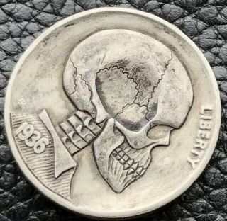 1936 Hobo Buffalo Nickel Hand Carved Skull Skeleton Coin By Gediminas Palsis 2