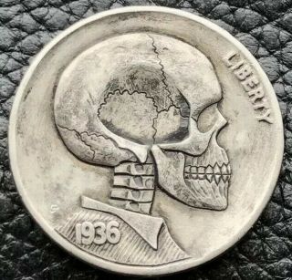 1936 Hobo Buffalo Nickel Hand Carved Skull Skeleton Coin By Gediminas Palsis 3