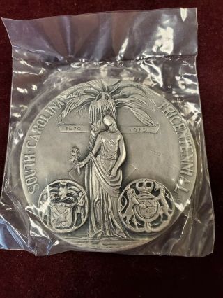 1670 - 1970 3 Inch South Carolina Tricentennial Silver Medal Philadelphia.