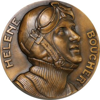 Art Deco Medal.  Aviation 1934.  By: E.  P.  Blin.  Helene Boucher.  Big Bronze 80.  41mm.