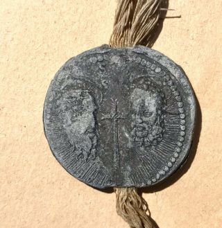 Pope Pius IX Lead Papal Seal Medal On Cord St Peter and Paul 2