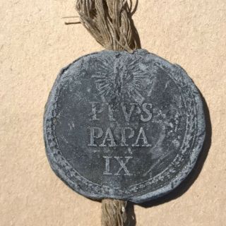Pope Pius IX Lead Papal Seal Medal On Cord St Peter and Paul 3