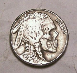 Hand Carved Hobo Nickel By John Hughey Real 1935 Coin Western Skull A3