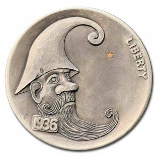 Hobo Nickel Coin 1936 Buffalo Elf Star Gold 24kt Hand Engraved Gediminas Palsis