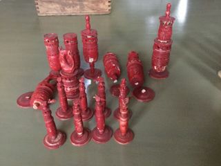 Mexican Bone Chess Set.  One Side Stained Dark Red,  The Other Natural.