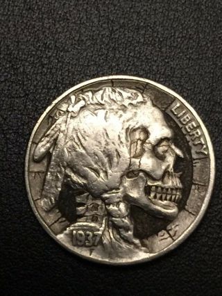 Hobo Nickel Hand Carved Engraved Ohns Native American Skull Coin