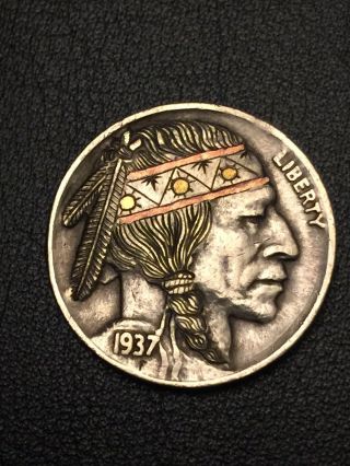 Hobo Nickel Hand Carved Engraved Ohns Native American Brave Gold Copper Inlay