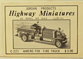 Jordan Highway Minatures Ho Scale Ahrens Fox Fire Truck C - 222 Kit W/instructions