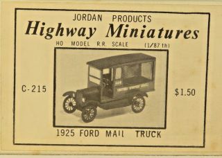 Jordan Highway Minatures Ho Scale 1925 Ford Mail Truck C - 215 Kit W/ Instructions