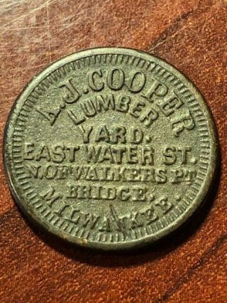 1863 Civil War Store Card Token: A.  J.  Copper Lumber Yard Milwaukee - Vf