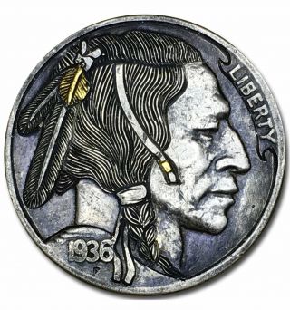 Hobo Nickel Coin 1936 Buffalo " Gold Leaf " 24k Gold Inlay Hand Engraved Ellaxu