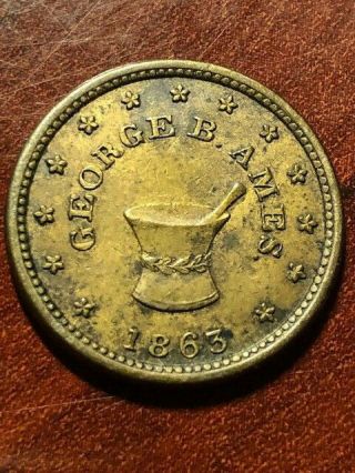 Civil War Store Card Token:george B.  Ames Dealer In Drugs,  Books Ill - Vf/xf