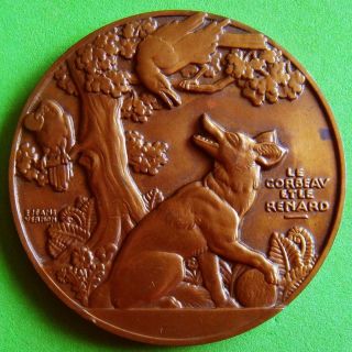 Art Deco The Fox & The Crow By Jean De La Fontaine Bronze Medal By Jean Vernon