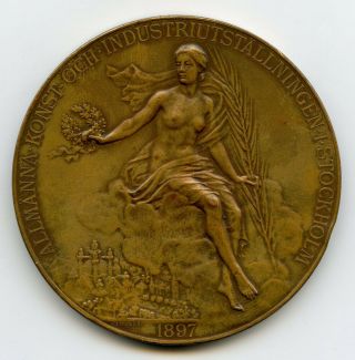 Sweden Art Nouveau Medal Industry & Craft Exhibition In Stockholm 1897 61mm 101g