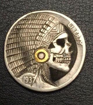 Hobo Nickel Hand Carved Engraved Ohns Native American Chief Gold Inlay