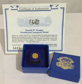 24kt Solid Gold Ronald W.  Reagan Presidential Inaugural Medal,  W/coa,  9mm (3/8 ")