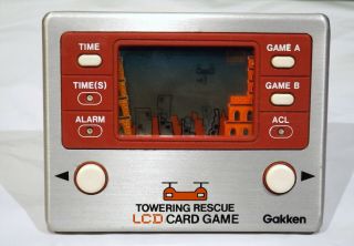 Vintage Gakken Towering Rescue Electronic Handheld Video Lcd Game & Watch 1981