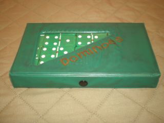 Vintage Double Six Dominoes Green With Spinners In Vinyl Case