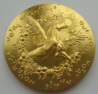 France Gilded Bronze Art Medal By Rousseau Pegasus 99mm 410gr