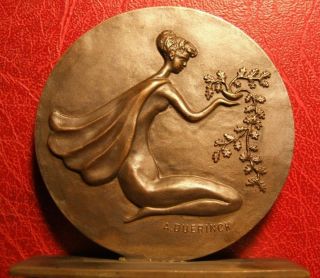 Art Deco Naked Woman Holding Pageant & Olive Branch Peace Medal By A.  Duerinck