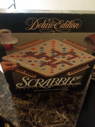 Deluxe Edition Scrabble Crossword Game - Rotating Board - Burgundy Wood Tiles