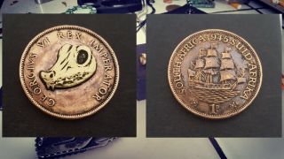Hobo Nickel.  Hand Carved Coin.  1 Penny.  South Africa.  1945.  Croco Skull.  By Defo