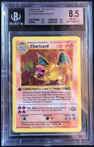 Bgs 8.  5 Pokemon Charizard 1st Edition Base Holo 1999 Shadowless Thick Stamp 4